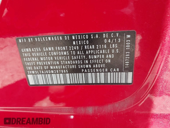 2013 Volkswagen Jetta TDI w/Premium with VIN 3VW3L7AJ6DM287865, listed as a IAAI auction lot 42480102 with 181,677 mi miles and . Bid and sale history available at DreamBid. Image 9.