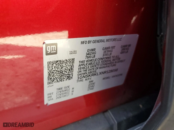 2022 Chevrolet Tahoe RST with VIN 1GNSKRKLXNR128058, listed as a Copart auction lot 76407744 with 0 mi miles and Salvage Title. Bid and sale history available at carsss.com. Image 14.