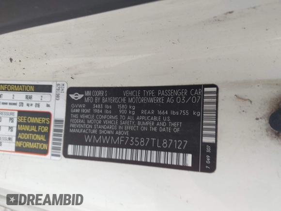 2007 MINI Hardtop S with VIN WMWMF73587TL87127, listed as a IAAI auction lot 42648540 with Not provided miles and . Bid and sale history available at DreamBid. Image 9.