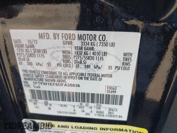 2013 Ford F-150 XL with VIN 1FTFW1EF8DFA35836, listed as a IAAI auction lot 42307584 with 145,162 mi miles and . Bid and sale history available at DreamBid. Image 9.