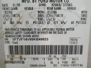 2009 Ford F-150 XL with VIN 1FTVF14V99KB49833, listed as a Copart auction lot 43116685 with 124,541 mi miles and Salvage title. Bid and sale history available at DreamBid. Image 15.