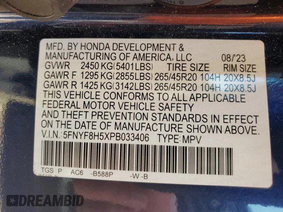 2023 Honda Passport EX-L with VIN 5FNYF8H5XPB033406, listed as a Copart auction lot 78455204 with 36,414 mi miles and Salvage title. Bid and sale history available at DreamBid. Image 14.