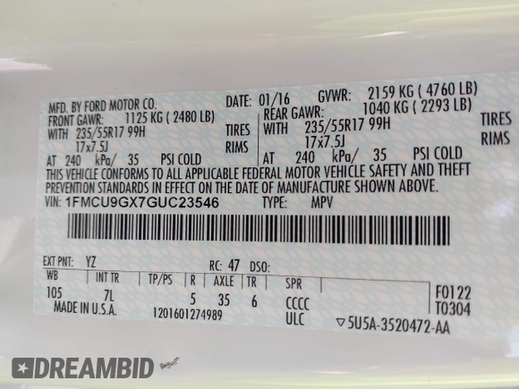 2016 Ford Escape SE with VIN 1FMCU9GX7GUC23546, listed as a IAAI auction lot 41735172 with 35,126 mi miles. Bid and sale history available at carsss.com. Image 9.