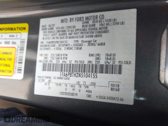 2022 Ford Mustang EcoBoost with VIN 1FA6P8TH2N5104155, listed as a IAAI auction lot 42068259 with 47,963 mi miles and . Bid and sale history available at DreamBid. Image 9.