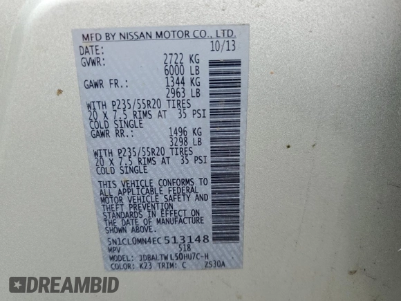 2014 Infiniti QX60 Hybrid with VIN 5N1CL0MN4EC513148, listed as a Copart auction lot 54188795 with 211,753 mi miles and Clean Title. Bid and sale history available at DreamBid. Image 13.