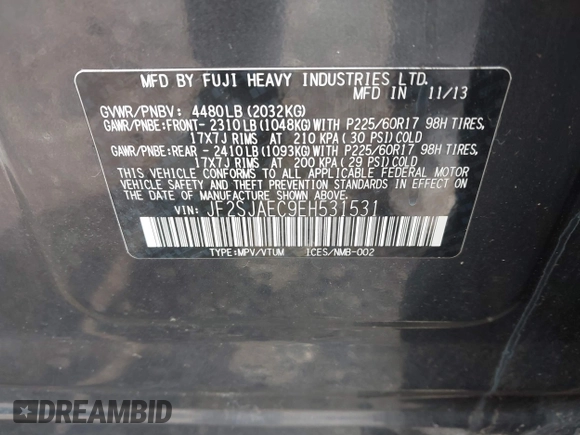 2014 Subaru Forester Premium with VIN JF2SJAEC9EH531531, listed as a IAAI auction lot 41657135 with 159,373 mi miles and . Bid and sale history available at DreamBid. Image 9.