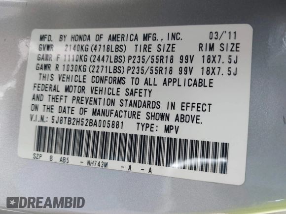 2011 Acura RDX Technology with VIN 5J8TB2H52BA005881, listed as a IAAI auction lot 42249038 with 82,924 mi miles and . Bid and sale history available at DreamBid. Image 9.