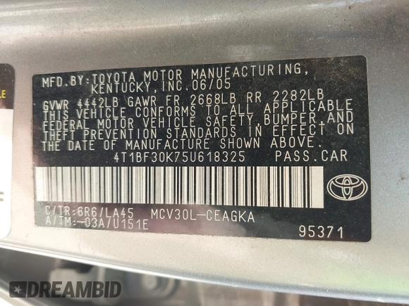 2005 Toyota Camry LE with VIN 4T1BF30K75U618325, listed as a IAAI auction lot 42152020 with 245,183 mi miles and . Bid and sale history available at DreamBid. Image 9.