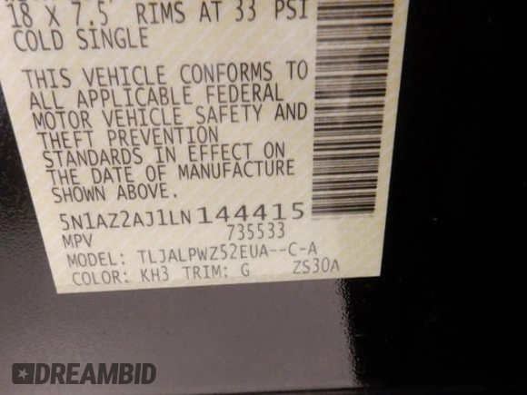 2020 Nissan Murano S with VIN 5N1AZ2AJ1LN144415, listed as a IAAI auction lot 42098564 with 60,430 mi miles and . Bid and sale history available at DreamBid. Image 1.