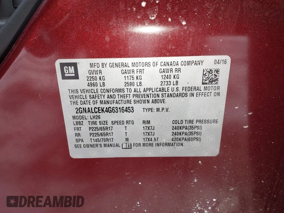 2016 Chevrolet Equinox LT with VIN 2GNALCEK4G6316453, listed as a IAAI auction lot 41602383 with 141,983 mi miles and . Bid and sale history available at carsss.com. Image 9.