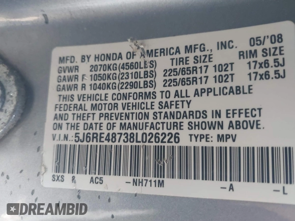 2008 Honda CR-V EX-L with VIN 5J6RE48738L026226, listed as a IAAI auction lot 42028897 with 237,938 mi miles. Bid and sale history available at carsss.com. Image 9.