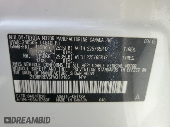 2015 Toyota RAV4 LE with VIN 2T3BFREV5FW319186, listed as a Copart auction lot 65203515 with 271,944 mi miles and Clean title. Bid and sale history available at DreamBid. Image 13.