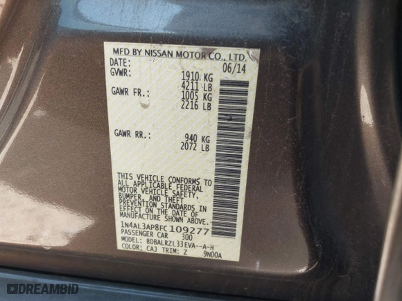 2015 Nissan Altima 2.5 with VIN 1N4AL3AP8FC109277, listed as a IAAI auction lot 41852885 with 179,288 mi miles. Bid and sale history available at carsss.com. Image 9.