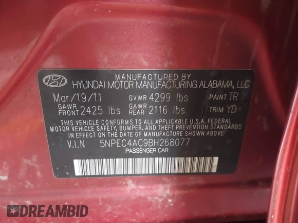 2011 Hyundai Sonata Limited with VIN 5NPEC4AC9BH268077, listed as a IAAI auction lot 41902841 with 207,224 mi miles and . Bid and sale history available at DreamBid. Image 9.
