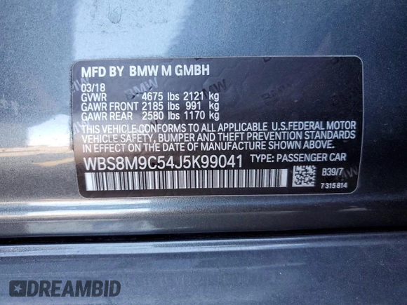 2018 BMW M3 with VIN WBS8M9C54J5K99041, listed as a Copart auction lot 43798544 with 18,972 mi miles. Bid and sale history available at carsss.com. Image 14.