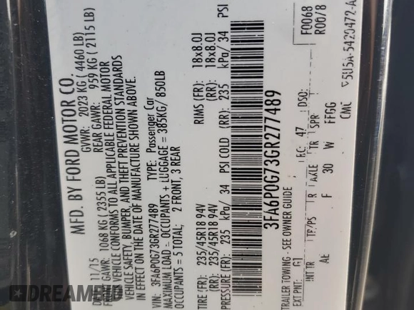 2016 Ford Fusion S с VIN 3FA6P0G73GR277489, выставлен на аукционе Copart как лот 62811515 с пробегом 133 247 миль миль и Списание • Salvage title. История ставок и продаж доступна на DreamBid. Изображение 13.