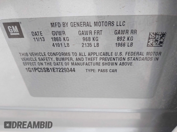 2014 Chevrolet Cruze 1LT with VIN 1G1PC5SB1E7229344, listed as a IAAI auction lot 42196094 with 97,226 mi miles and . Bid and sale history available at DreamBid. Image 9.