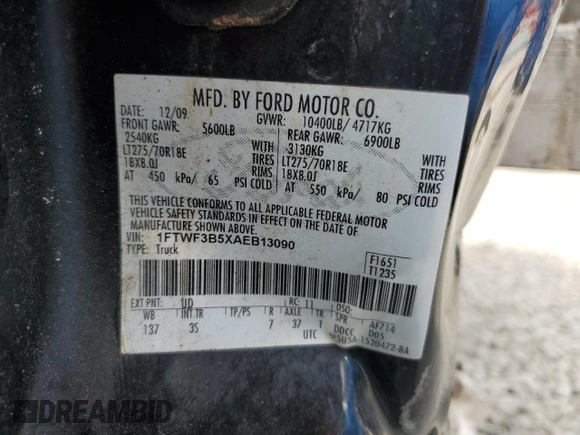 2010 Ford F-350 with VIN 1FTWF3B5XAEB13090, listed as a Copart auction lot 47041535 with 121,868 mi miles and Clean title. Bid and sale history available at DreamBid. Image 12.