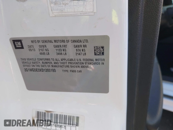 2013 Chevrolet Impala LT with VIN 2G1WG5E3XD1265193, listed as a IAAI auction lot 41948228 with 171,122 mi miles and . Bid and sale history available at DreamBid. Image 9.