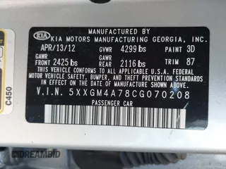 2012 Kia Optima LX with VIN 5XXGM4A78CG070208, listed as a IAAI auction lot 42159149 with 195,598 mi miles and . Bid and sale history available at carsss.com. Image 9.