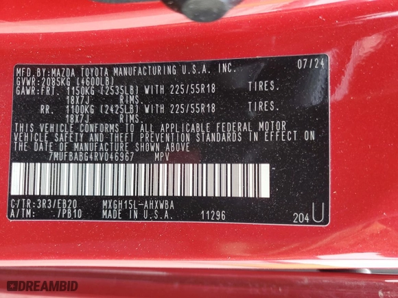2024 Toyota Corolla Cross Hybrid S with VIN 7MUFBABG4RV046967, listed as a Copart auction lot 43588685 with NaN miles and Salvage Title. Bid and sale history available at carsss.com. Image 14.