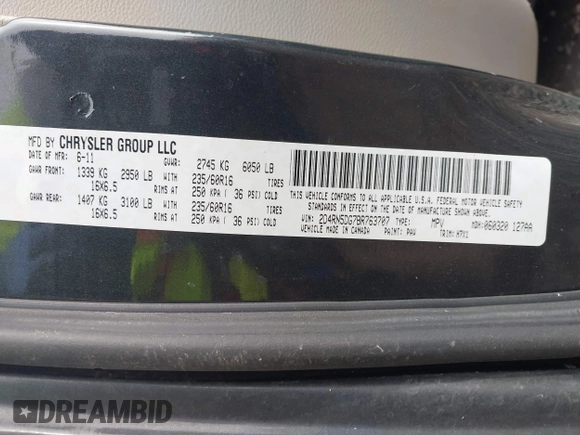 2011 Dodge Grand Caravan Crew with VIN 2D4RN5DG7BR763707, listed as a IAAI auction lot 41087199 with 230,637 mi miles and . Bid and sale history available at DreamBid. Image 9.