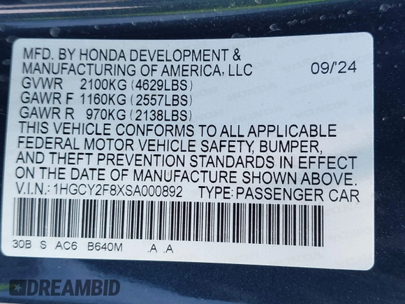 2025 Honda Accord Touring with VIN 1HGCY2F8XSA000892, listed as a IAAI auction lot 42246204 with 17,325 mi miles and . Bid and sale history available at DreamBid. Image 9.
