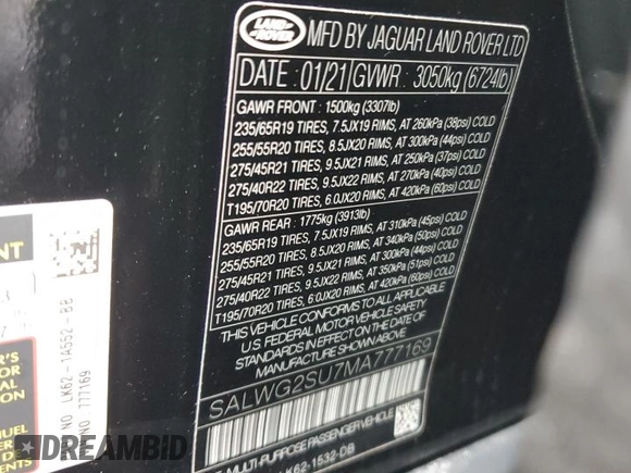 2021 Land Rover Range Rover Sport SE with VIN SALWG2SU7MA777169, listed as a Copart auction lot 41338075 with 80,180 mi miles and Salvage Title. Bid and sale history available at carsss.com. Image 13.