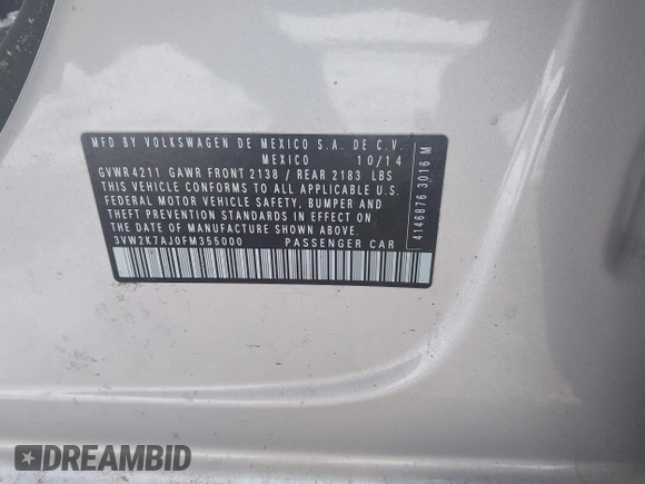 2015 Volkswagen Jetta S с VIN 3VW2K7AJ0FM355000, выставлен на аукционе IAAI как лот 41504511 с пробегом Не указан миль и . История ставок и продаж доступна на DreamBid. Изображение 9.