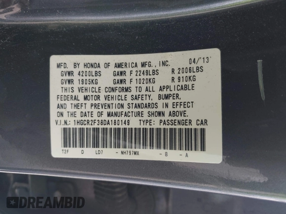 2013 Honda Accord LX z VIN 1HGCR2F38DA180149, wystawiony jako IAAI lot #41871887 z przebiegiem 177 883 mil mil oraz . Historia ofert i sprzedaży dostępna na DreamBid. Obrazek 9.