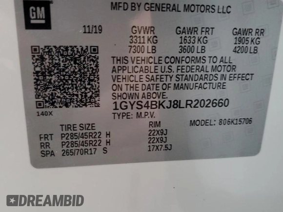 2020 Cadillac Escalade Luxury with VIN 1GYS4BKJ8LR202660, listed as a Copart auction lot 52859945 with 46,503 mi miles and Salvage title. Bid and sale history available at DreamBid. Image 14.