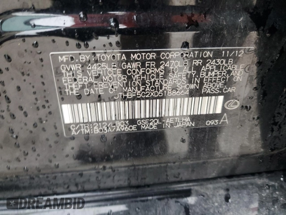 2013 Lexus IS 250 with VIN JTHBF5C2XD5188664, listed as a Copart auction lot 42930815 with 132,537 mi miles and Salvage Title. Bid and sale history available at DreamBid. Image 13.