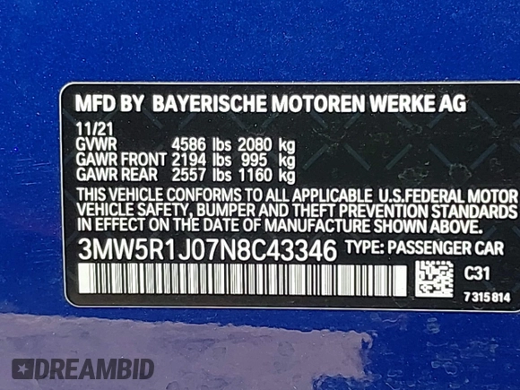 2022 BMW 3 Series 330i with VIN 3MW5R1J07N8C43346, listed as a IAAI auction lot 41947588 with 48,615 mi miles and . Bid and sale history available at DreamBid. Image 9.