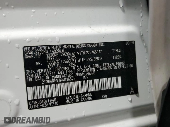 2019 Toyota RAV4 Hybrid XLE with VIN 2T3RWRFV1KW016526, listed as a Copart auction lot 61466435 with 64,255 mi miles and Salvage title. Bid and sale history available at DreamBid. Image 13.