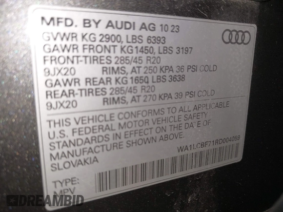 2024 Audi Q7 Premium Plus with VIN WA1LCBF71RD004059, listed as a IAAI auction lot 42049719 with 10,651 mi miles and . Bid and sale history available at DreamBid. Image 9.