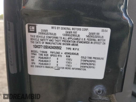 2004 GMC Envoy SLT z VIN 1GKDT13S042406662, wystawiony jako Copart lot #50523855 z przebiegiem 62 122 mil mil oraz Czysty tytuł • Clean title. Historia ofert i sprzedaży dostępna na DreamBid. Obrazek 13.
