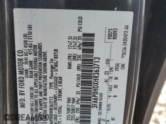 2017 Ford Fusion SE with VIN 3FA6P0HDXHR363713, listed as a Copart auction lot 52540035 with 174,146 mi miles and Salvage Title. Bid and sale history available at carsss.com. Image 13.