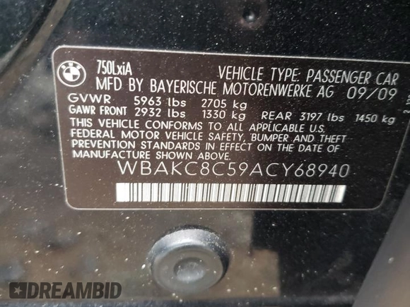 2010 BMW 7 Series 750Li xDrive z VIN WBAKC8C59ACY68940, wystawiony jako Copart lot #68335353 z przebiegiem 168 470 mil mil oraz Szkoda całkowita • Salvage title. Historia ofert i sprzedaży dostępna na DreamBid. Obrazek 12.