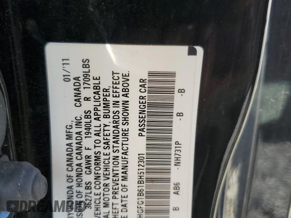 2011 Honda Civic Cpe LX with VIN 2HGFG1B61BH512301, listed as a Copart auction lot 70422454 with 0 mi miles and Salvage Title. Bid and sale history available at carsss.com. Image 12.