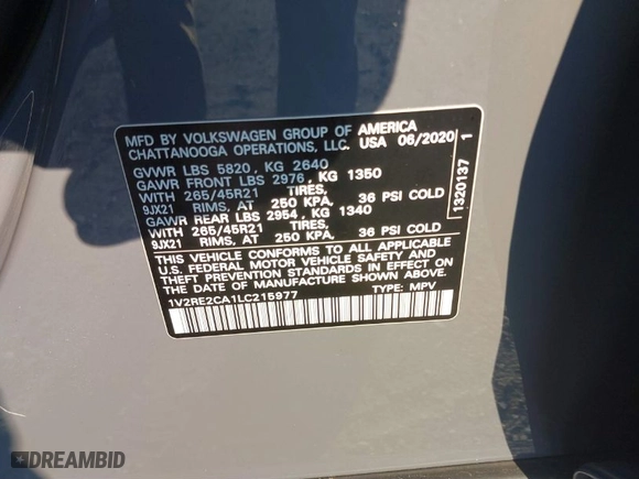 2020 Volkswagen Atlas Cross Sport 3.6L V6 SEL R-Line with VIN 1V2RE2CA1LC215977, listed as a IAAI auction lot 41072199 with 61,265 mi miles. Bid and sale history available at carsss.com. Image 9.
