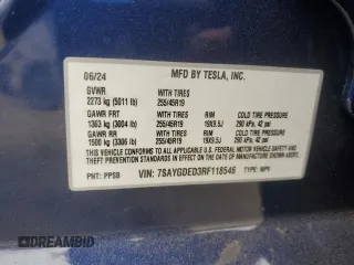 2024 Tesla Model Y with VIN 7SAYGDED3RF118546, listed as a Copart auction lot 56573375 with 4,760 mi miles and Salvage title. Bid and sale history available at DreamBid. Image 12.