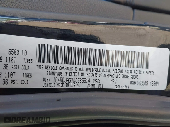 2019 Dodge Durango SXT Plus with VIN 1C4RDJAG7KC585514, listed as a IAAI auction lot 42233631 with 135,496 mi miles and . Bid and sale history available at DreamBid. Image 9.