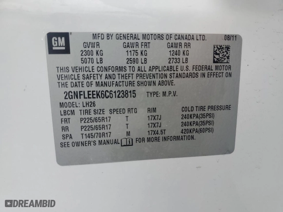 2012 Chevrolet Equinox LT w/1LT with VIN 2GNFLEEK6C6123815, listed as a Copart auction lot 50216805 with 149,146 mi miles and Salvage Title. Bid and sale history available at carsss.com. Image 15.