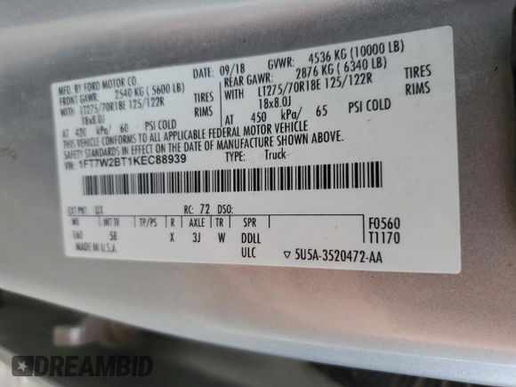 2019 Ford Super Duty F-250 SRW XL with VIN 1FT7W2BT1KEC88939, listed as a Copart auction lot 45234775 with 395,031 mi miles and Salvage Title. Bid and sale history available at carsss.com. Image 12.