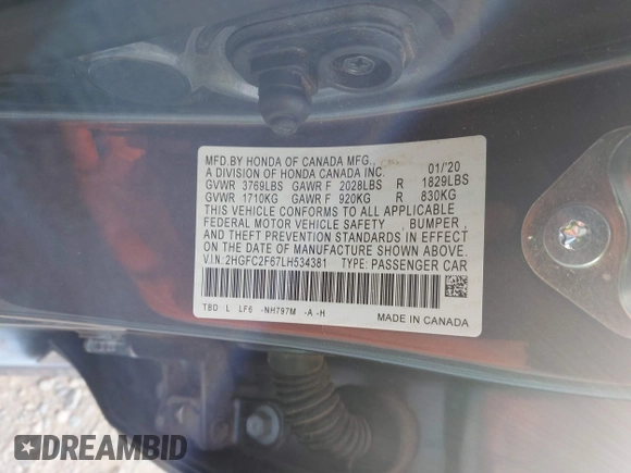 2020 Honda Civic LX with VIN 2HGFC2F67LH534381, listed as a IAAI auction lot 42056676 with 124,344 mi miles and . Bid and sale history available at DreamBid. Image 9.