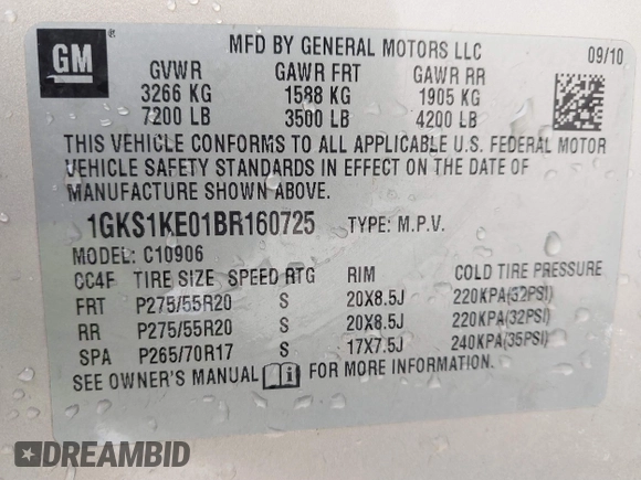 2011 GMC Yukon XL SLT with VIN 1GKS1KE01BR160725, listed as a IAAI auction lot 41587693 with 302,661 mi miles and . Bid and sale history available at carsss.com. Image 9.