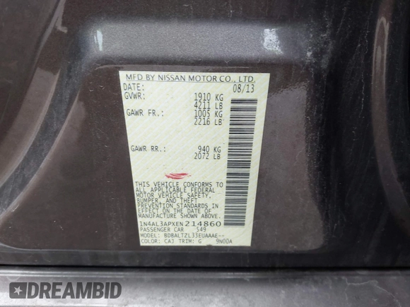 2014 Nissan Altima SL with VIN 1N4AL3APXEN214860, listed as a IAAI auction lot 42080411 with 115,962 mi miles and . Bid and sale history available at DreamBid. Image 9.