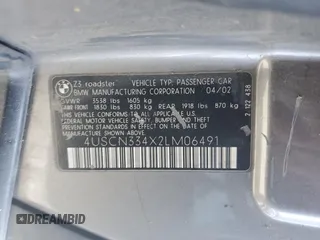 2002 BMW Z3 2.5 z VIN 4USCN334X2LM06491, wystawiony jako Copart lot #61502915 z przebiegiem 110 956 mil mil oraz Szkoda całkowita • Salvage title. Historia ofert i sprzedaży dostępna na DreamBid. Obrazek 12.