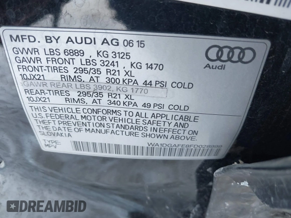 2015 Audi Q7 3.0T S line Prestige with VIN WA1DGAFE8FD028999, listed as a IAAI auction lot 41298408 with 111,446 mi miles. Bid and sale history available at carsss.com. Image 9.