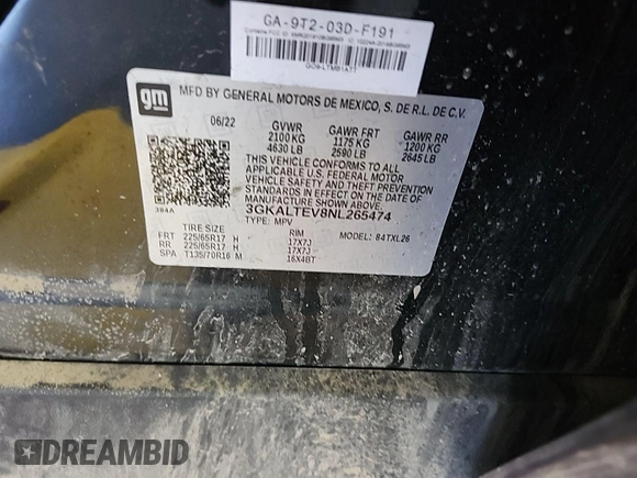 2022 GMC Terrain SLE z VIN 3GKALTEV8NL265474, wystawiony jako IAAI lot #42569668 z przebiegiem 104 173 mil mil oraz . Historia ofert i sprzedaży dostępna na DreamBid. Obrazek 1.